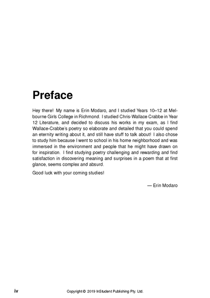 Printed Text Guide page by Chris Wallace-Crabbe, displaying the "Preface" with introductory text, Erin Modaro's signature, and copyright details.
