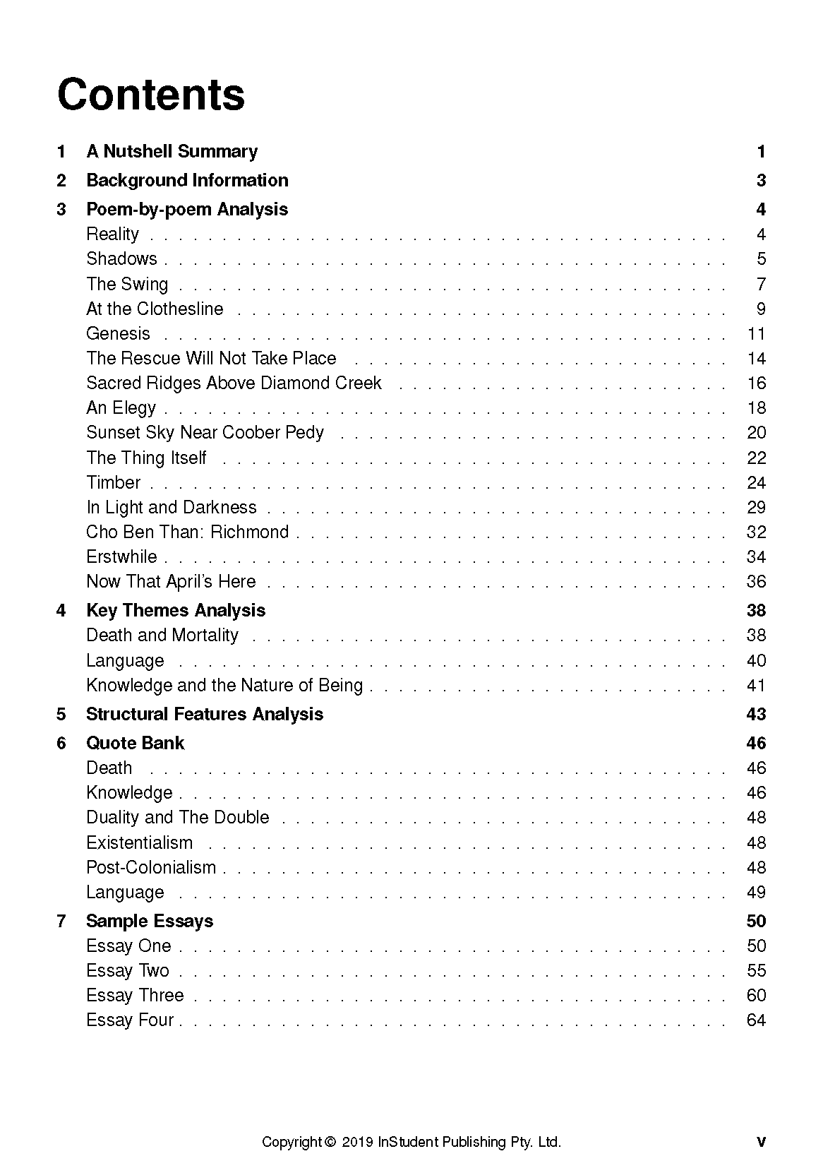 Text Guide page featuring a white table of contents with bold headings, poem titles, and corresponding page numbers.