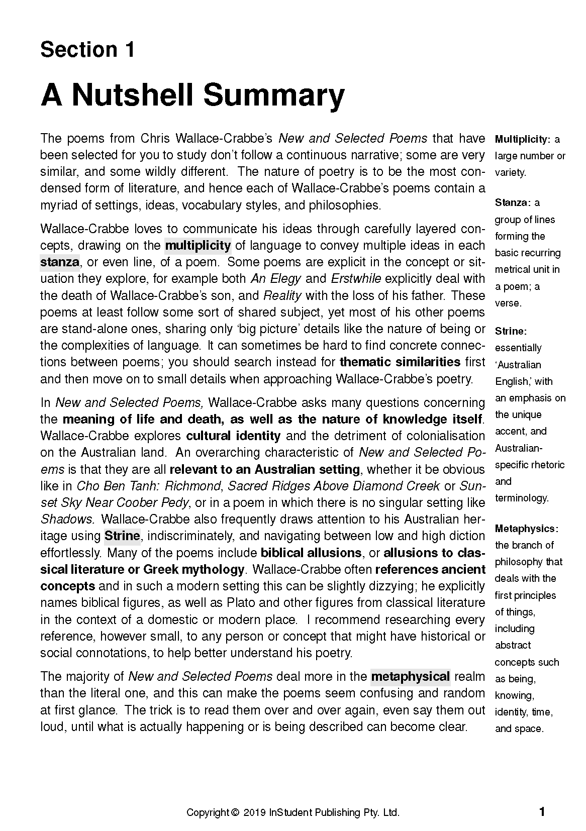 Text Guide page with a title "A Nutshell Summary" and black text, including main paragraphs and a glossary on the right.
