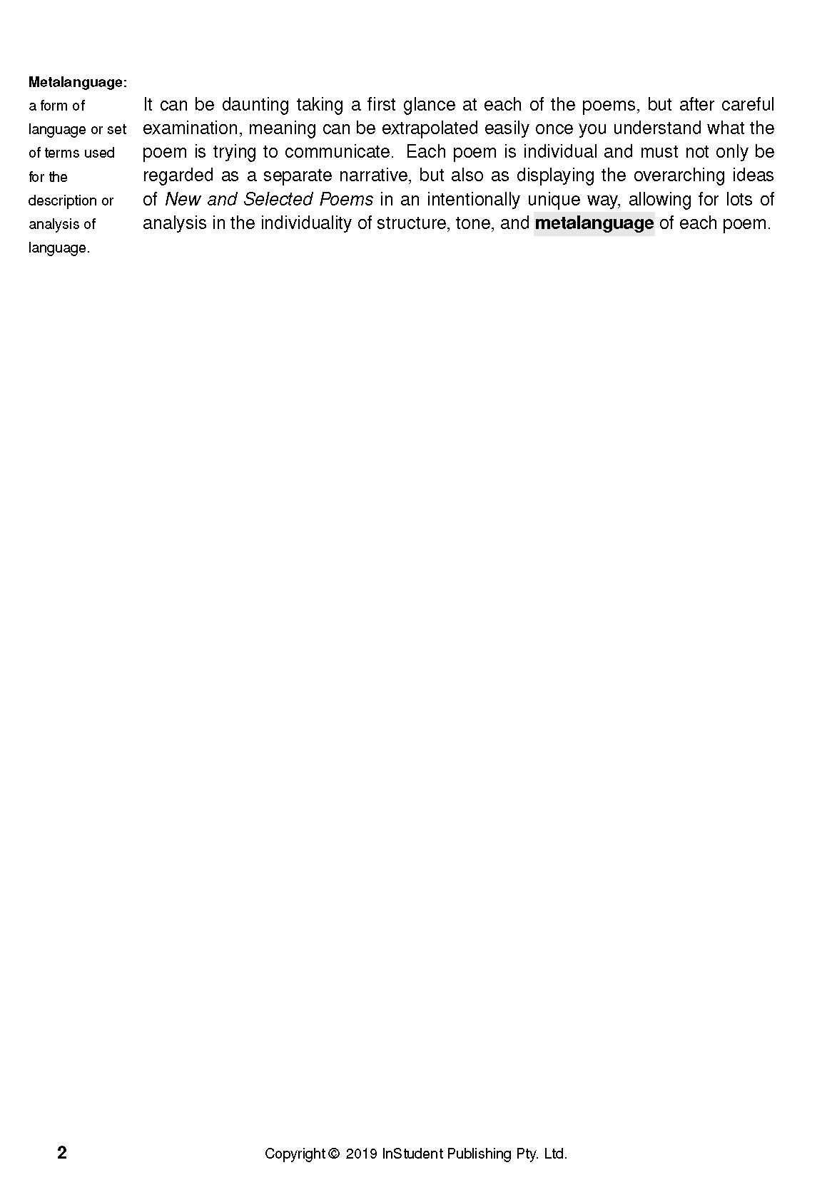 Text Guide page detailing 'Metalanguage' definition and explaining poem analysis for 'New and Selected Poems', with a highlighted 'metalanguage' term.