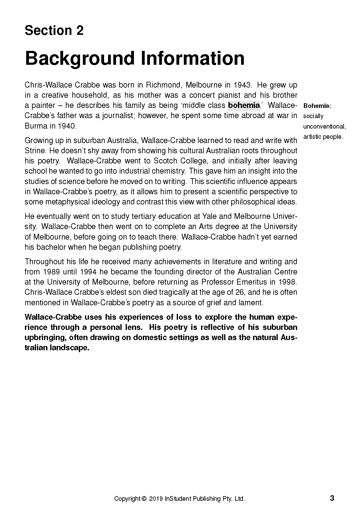 Text guide page displaying "Section 2 Background Information" with biographical text and a definition for "bohemia."