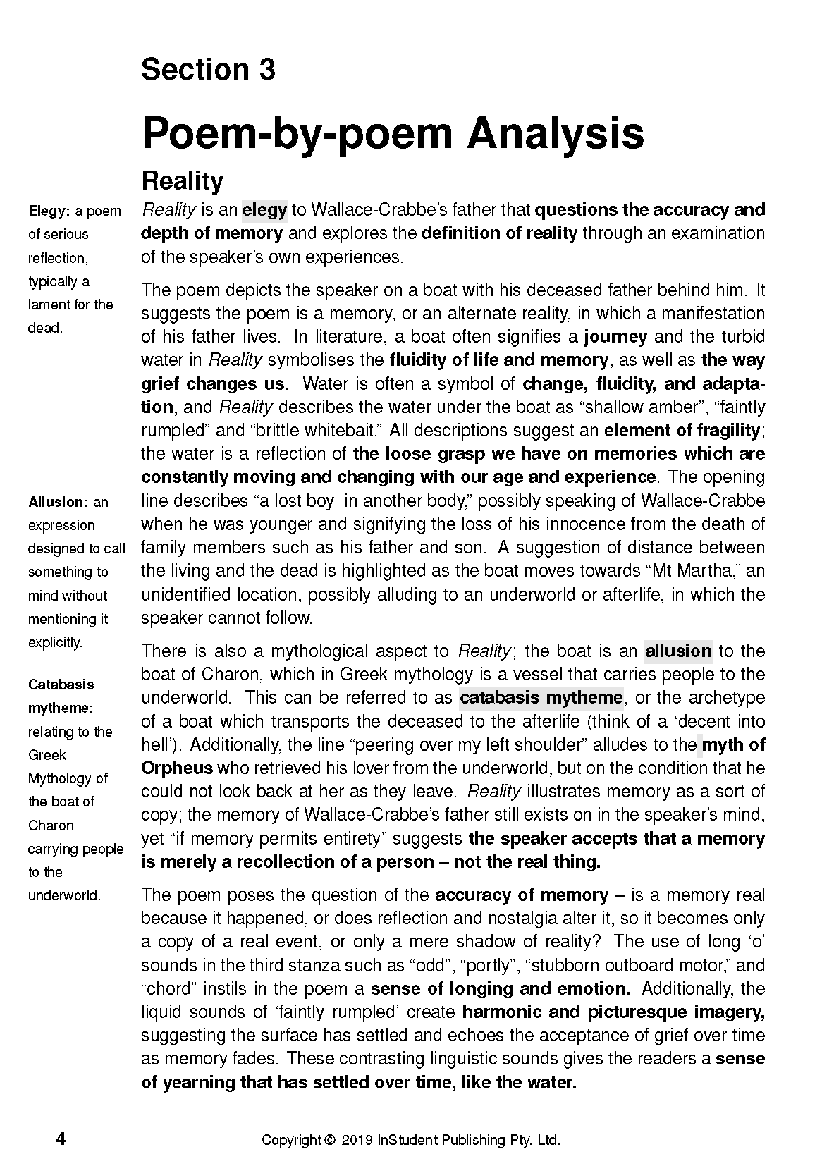 Text Guide for Selected Poems by Chris Wallace-Crabbe, displaying a page with 'Section 3 Poem-by-poem Analysis' and literary definitions.