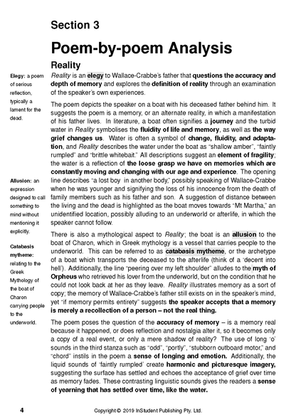 Text Guide for Selected Poems by Chris Wallace-Crabbe, displaying a page with 'Section 3 Poem-by-poem Analysis' and literary definitions.