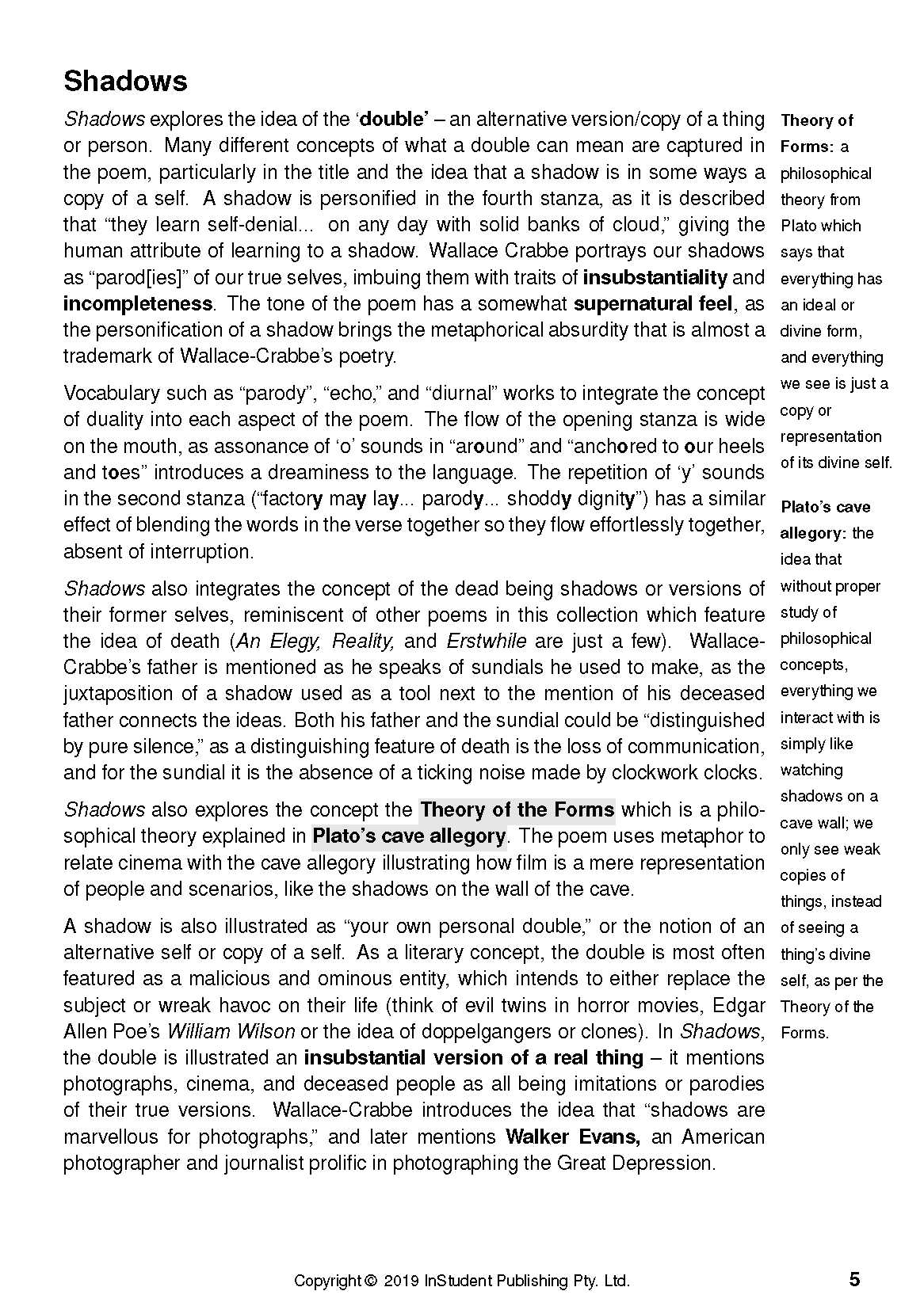 Text Guide page with black text on white, titled 'Shadows', discussing poems by Chris Wallace-Crabbe and philosophical concepts.