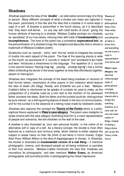 Text Guide page with black text on white, titled 'Shadows', discussing poems by Chris Wallace-Crabbe and philosophical concepts.