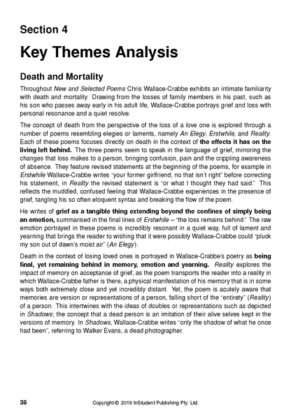 Text guide page open to Section 4 Key Themes Analysis, with black text discussing Death and Mortality.
