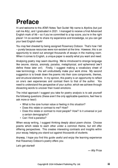 Text guide from InStudent Publishing Pty. Ltd. for Rosemary Dobson's poems, showing a 'Preface' page with black text on white.
