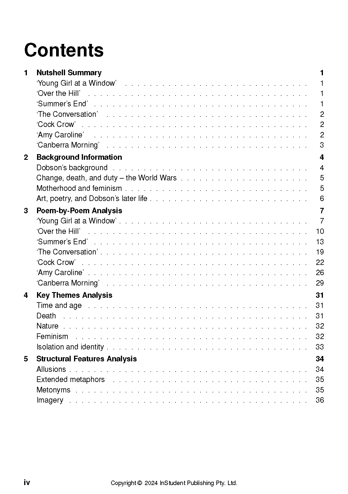Text guide featuring the table of contents page for Selected Poems by Rosemary Dobson, listing sections, poem titles, and page numbers.