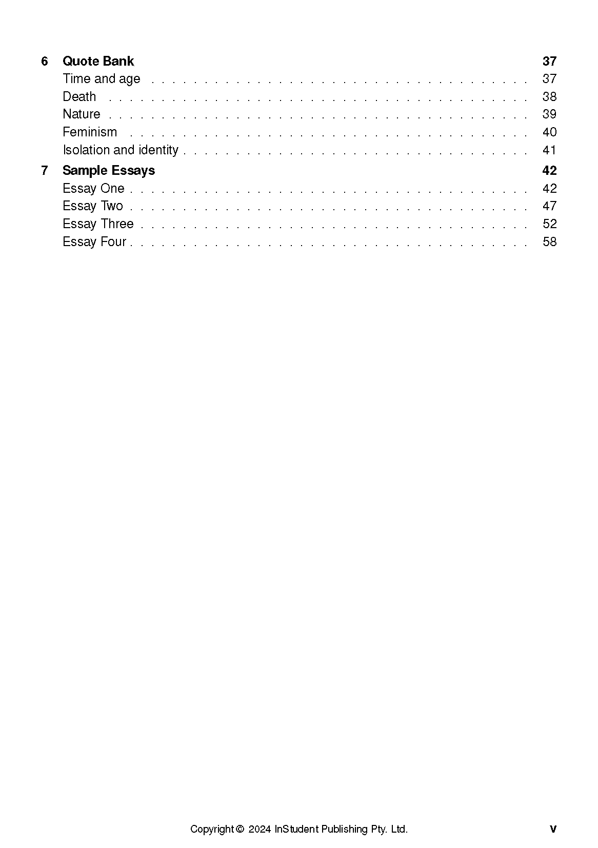 Text Guide page displaying a table of contents with 'Quote Bank' and 'Sample Essays' sections, including page numbers.