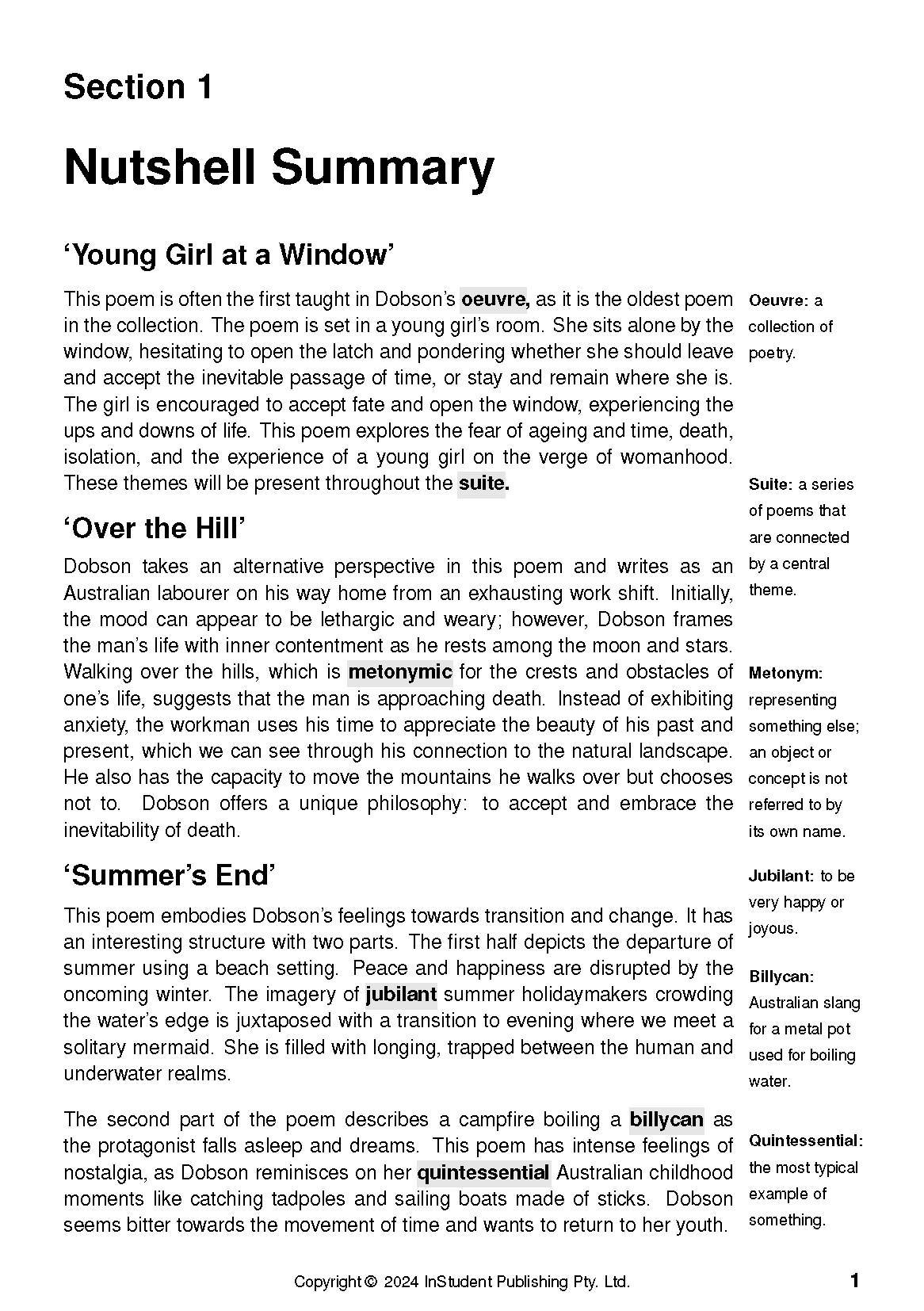 Text guide page from InStudent Publishing Pty. Ltd. displaying poem summaries and definitions in black text on white.