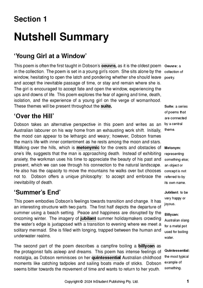 Text guide page from InStudent Publishing Pty. Ltd. displaying poem summaries and definitions in black text on white.
