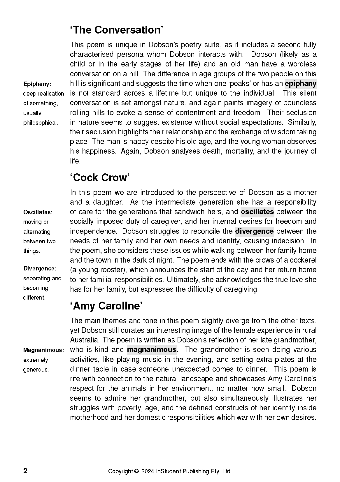Text Guide page with black text on white background, featuring sections on 'The Conversation', 'Cock Crow', and 'Amy Caroline' with margin definitions.