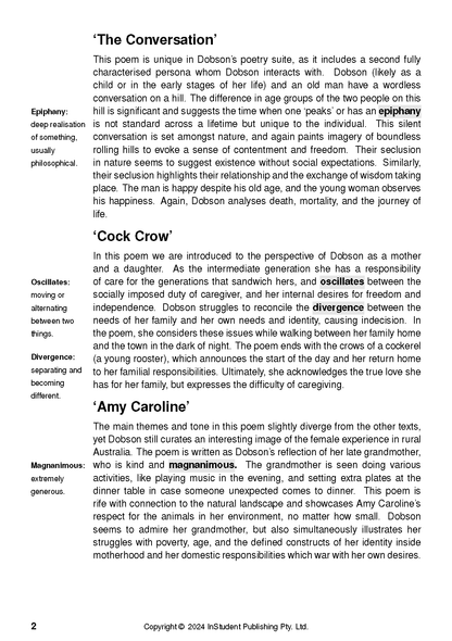 Text Guide page with black text on white background, featuring sections on 'The Conversation', 'Cock Crow', and 'Amy Caroline' with margin definitions.