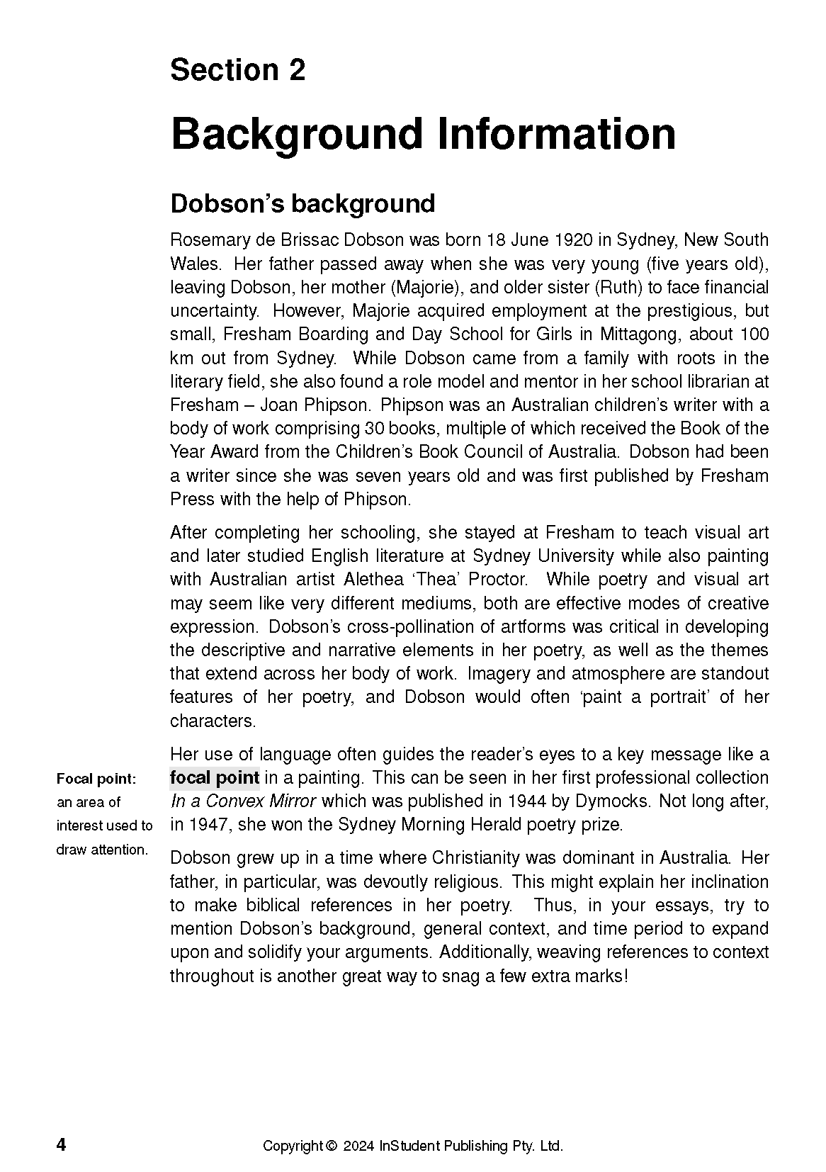 A page from a Text Guide displaying "Section 2 Background Information" about Rosemary Dobson and a "Focal point" definition.