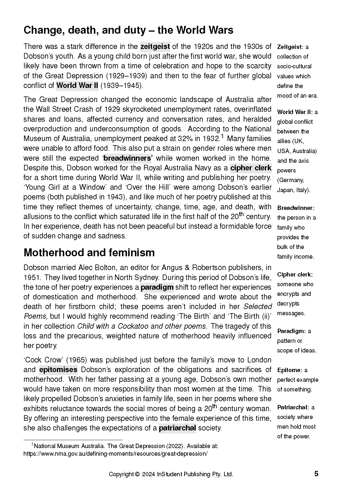 Text Guide page with black text and highlighted terms on 'Selected Poems by Rosemary Dobson', including a definitions sidebar.