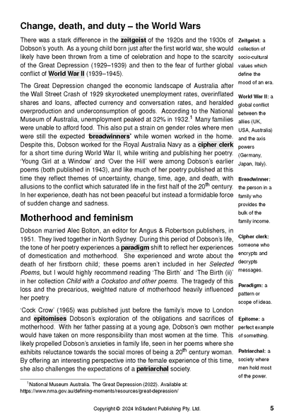 Text Guide page with black text and highlighted terms on 'Selected Poems by Rosemary Dobson', including a definitions sidebar.
