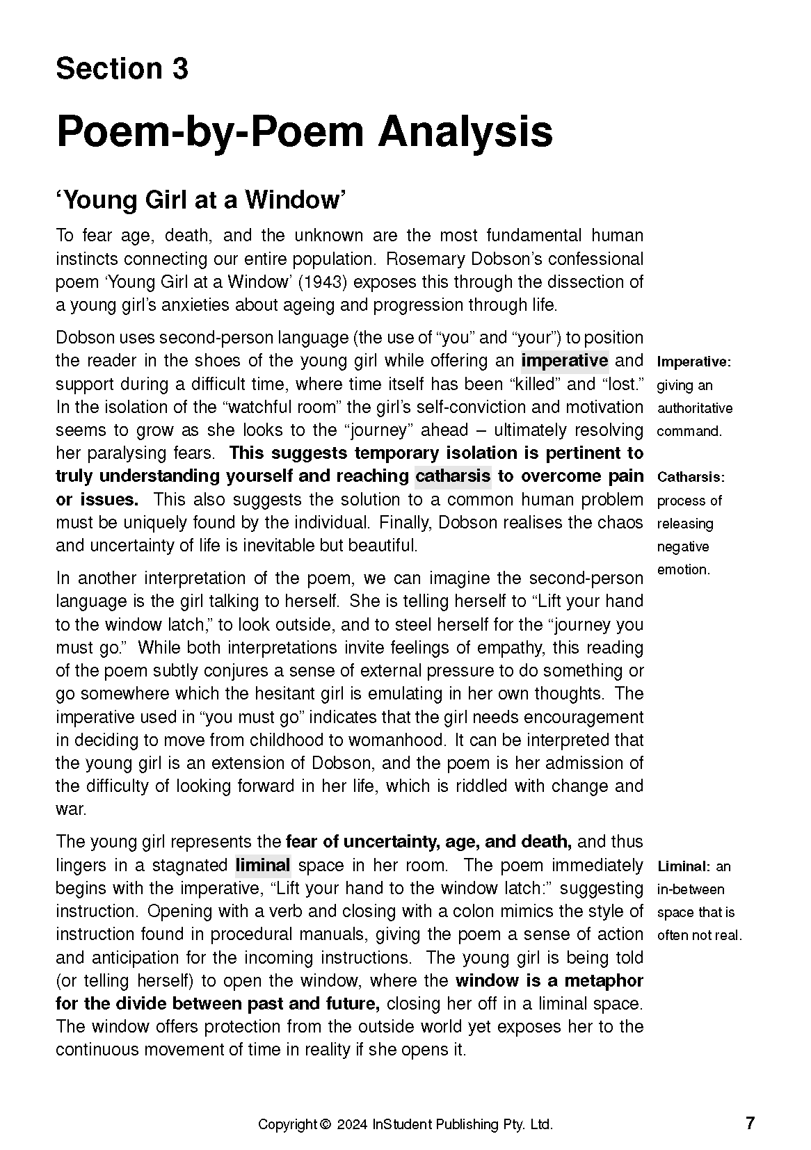 Text guide on Selected Poems by Rosemary Dobson from InStudent Publishing Pty. Ltd., displaying a white page with 'Poem-by-Poem Analysis' and highlighted terms.