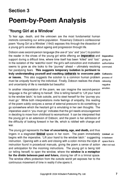 Text guide on Selected Poems by Rosemary Dobson from InStudent Publishing Pty. Ltd., displaying a white page with 'Poem-by-Poem Analysis' and highlighted terms.