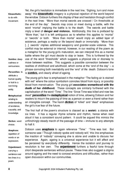 Text guide page with literary definitions and analysis of poems by Rosemary Dobson, showing black text on a white background.