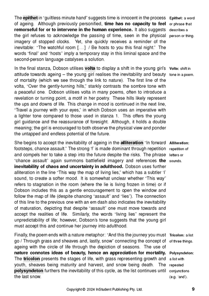 Text guide with white paper and black text, including bolded terms and literary explanations on page 9.