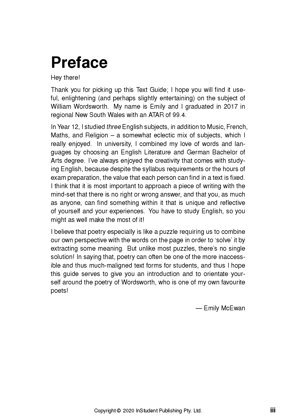 Text Guide page by InStudent Publishing Pty. Ltd. featuring a 'Preface' on William Wordsworth's poetry.