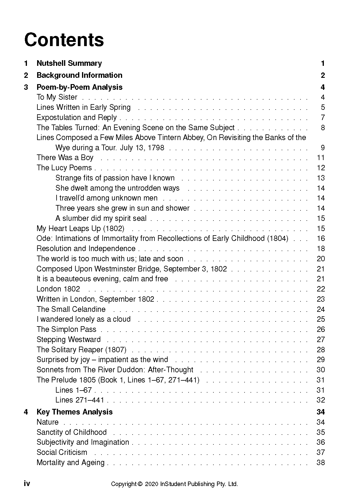 Text guide for "Selected Poems by William Wordsworth" by InStudent Publishing Pty. Ltd., displaying a table of contents page with sections and page numbers.