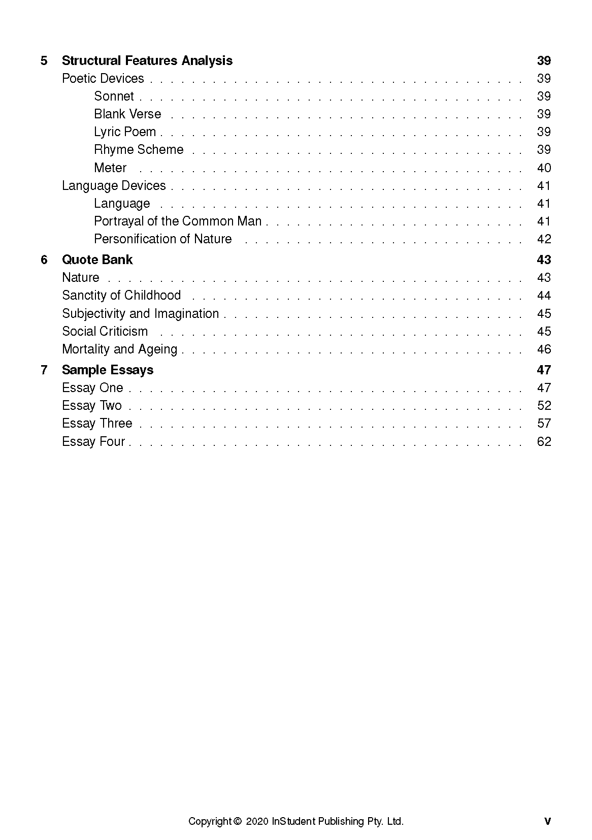 Text Guide for Selected Poems by William Wordsworth, displaying a table of contents page with literary analysis sections.