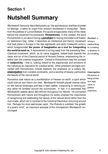 Text guide page titled 'Nutshell Summary' with bolded key terms like 'Romanticism' and sidebar definitions.
