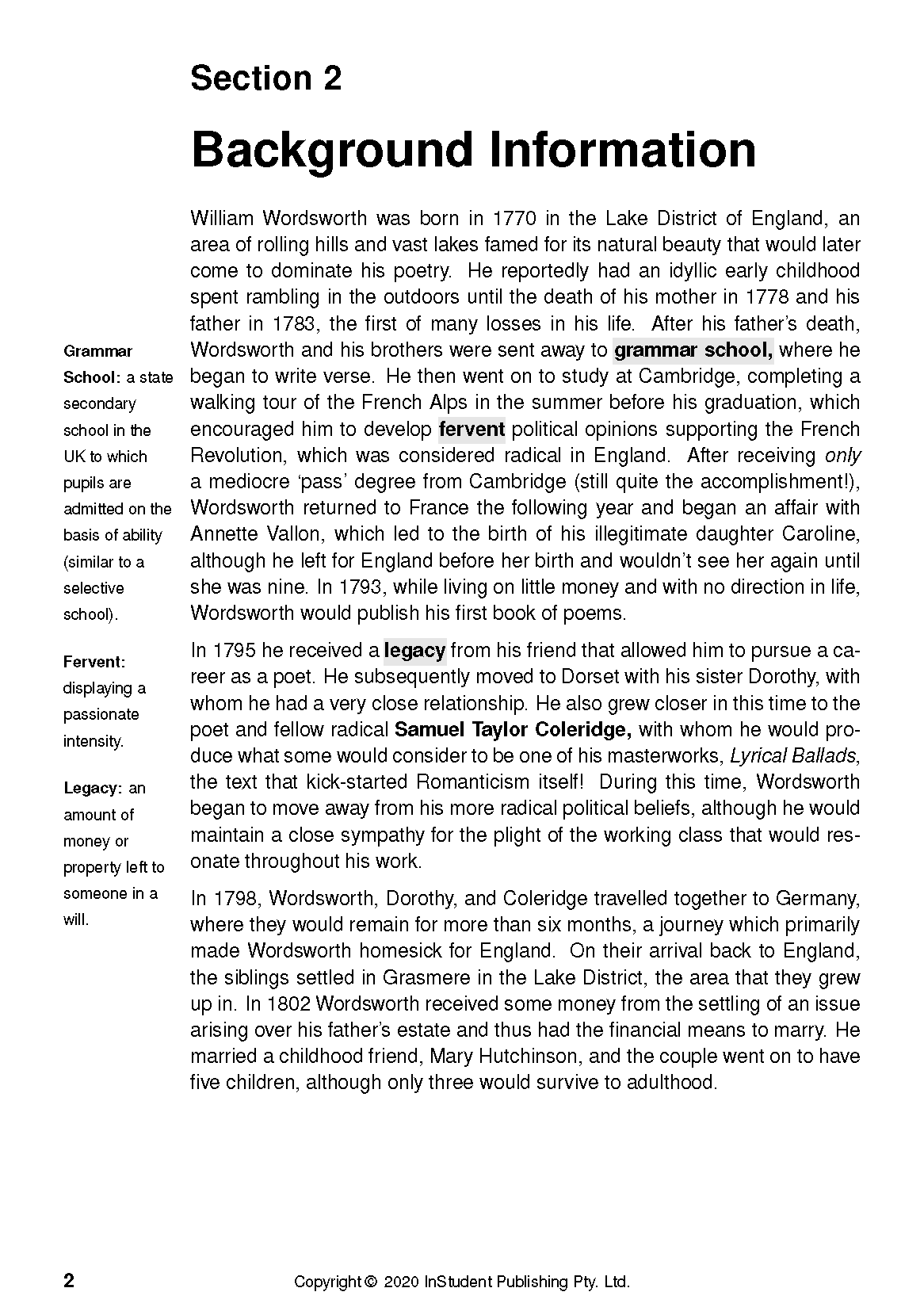 Text guide page featuring 'Section 2 Background Information' about William Wordsworth, with definitions for 'Grammar School', 'Fervent', and 'Legacy' on the left.