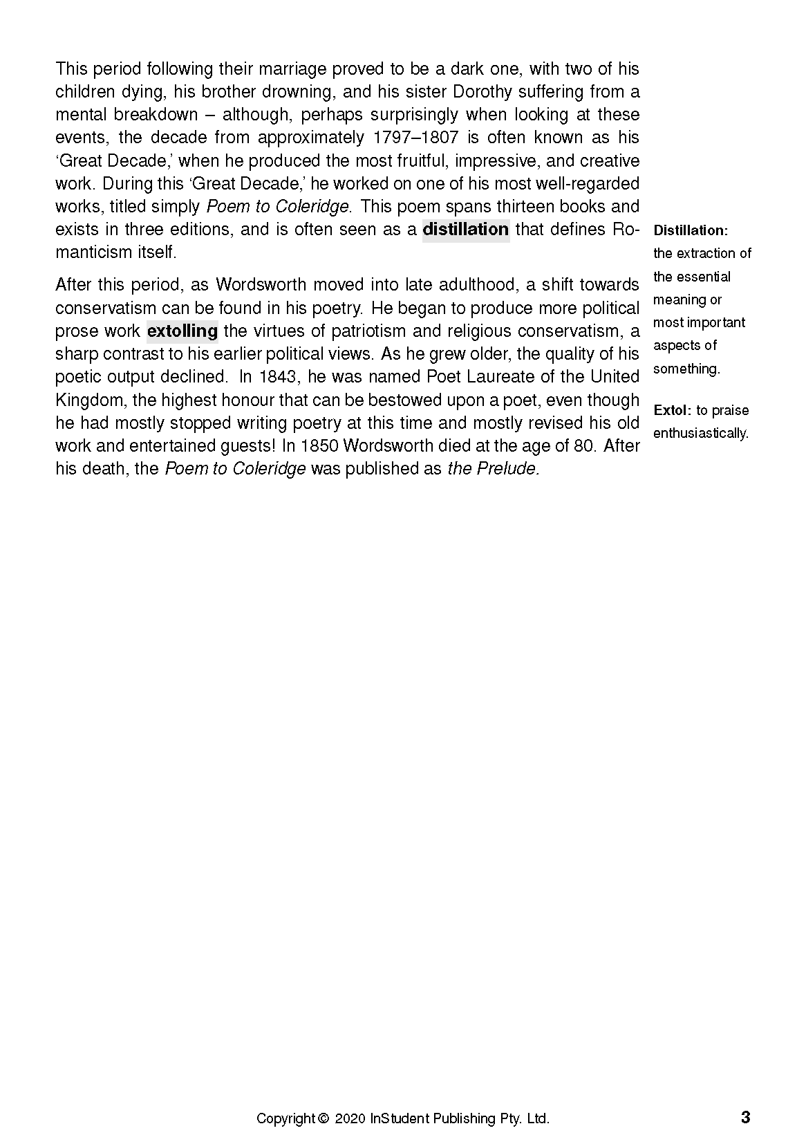 Text guide page with black text on white, discussing Wordsworth and Coleridge, including definitions for 'Distillation' and 'Extol'.