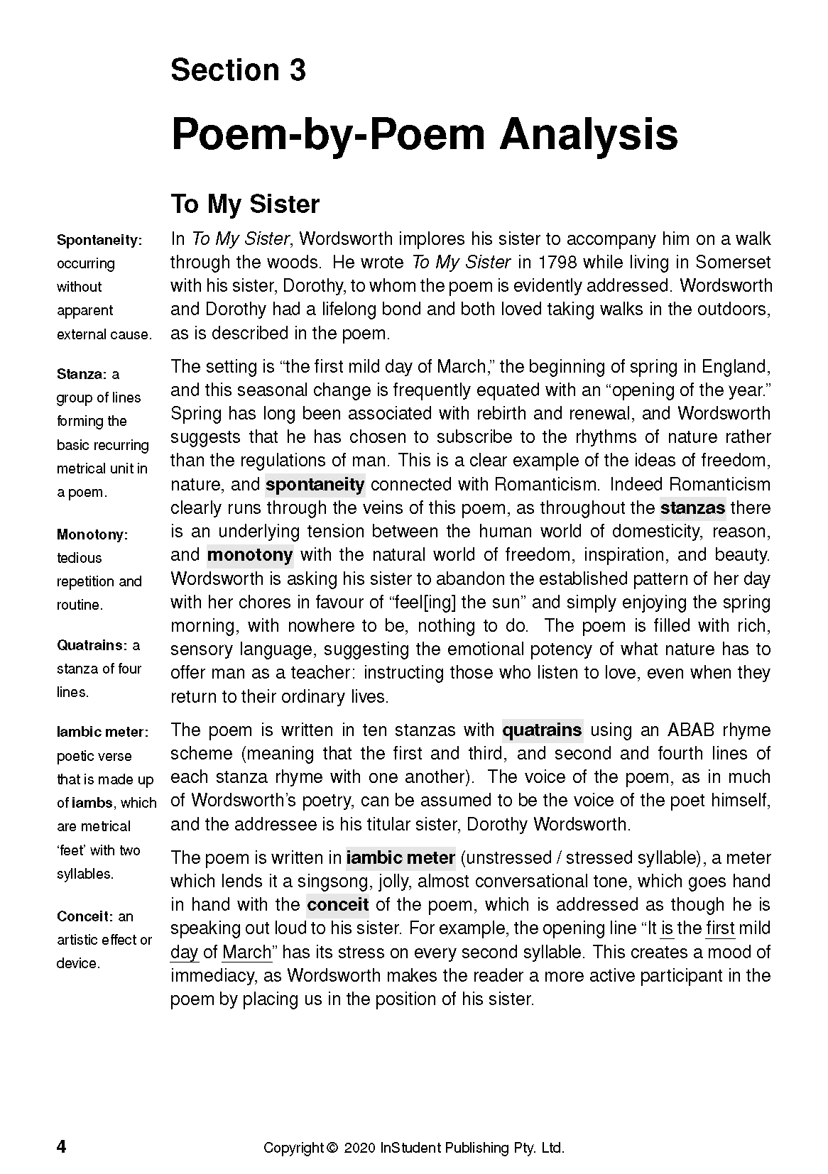 Text guide page for Selected Poems by William Wordsworth, displaying analysis of "To My Sister" with definitions.