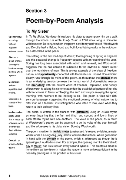 Text guide page for Selected Poems by William Wordsworth, displaying analysis of "To My Sister" with definitions.