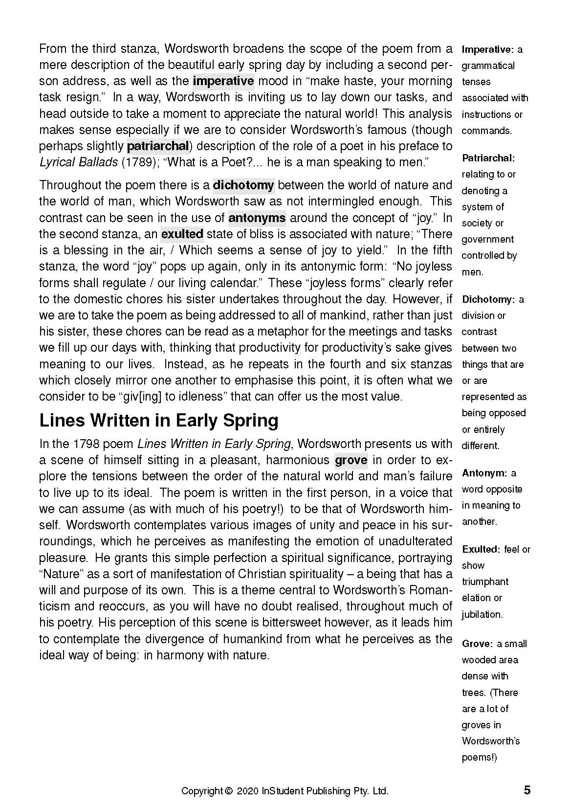 Text guide page featuring analysis of William Wordsworth's poems and literary definitions, page 5.