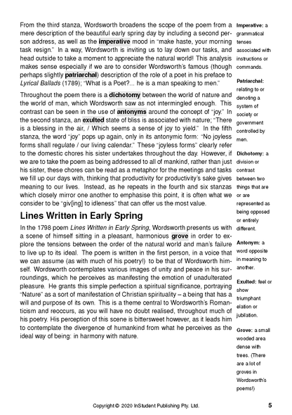 Text guide page featuring analysis of William Wordsworth's poems and literary definitions, page 5.