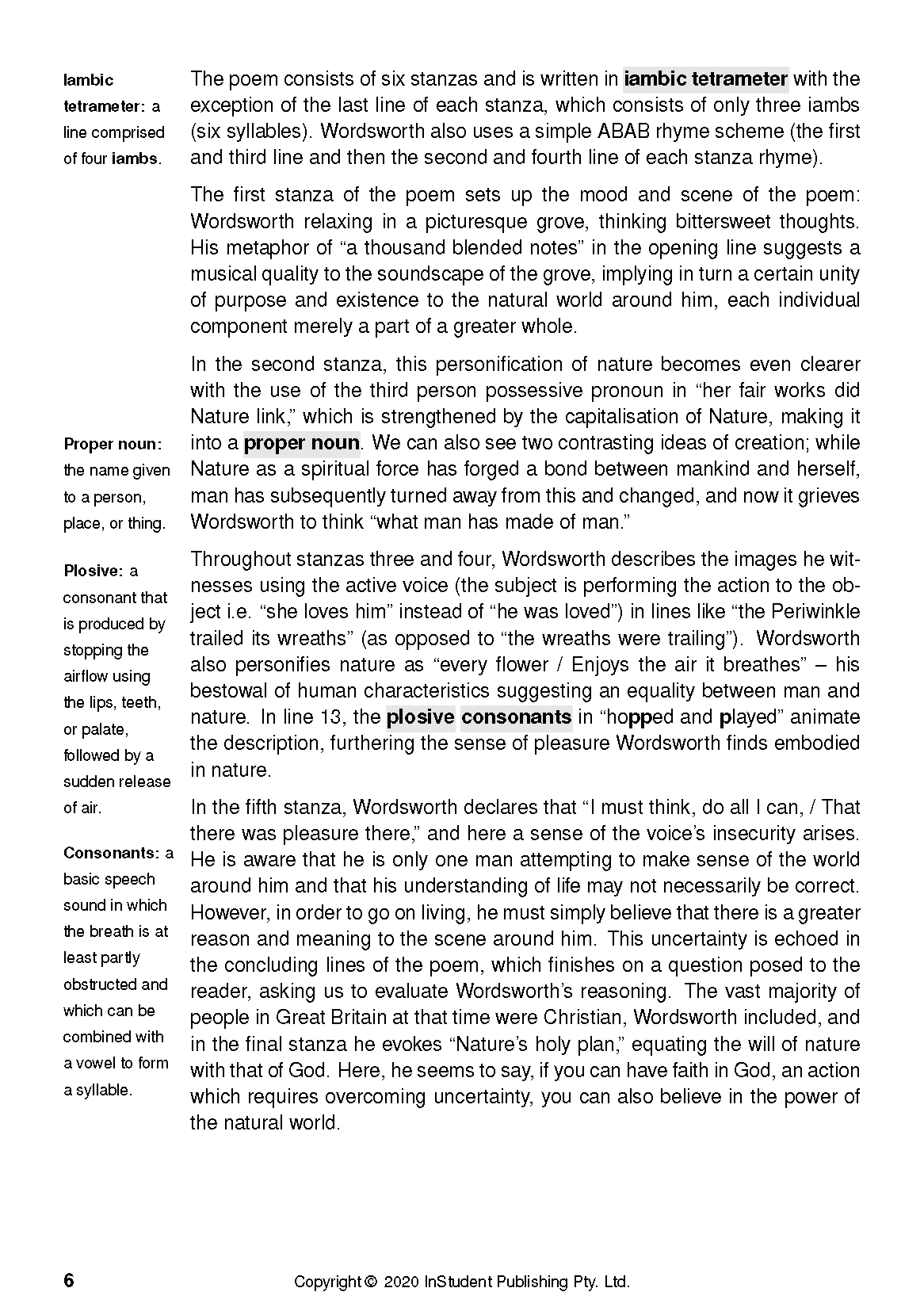 Text Guide page with black text on white paper, displaying literary definitions and analysis of William Wordsworth's poems.