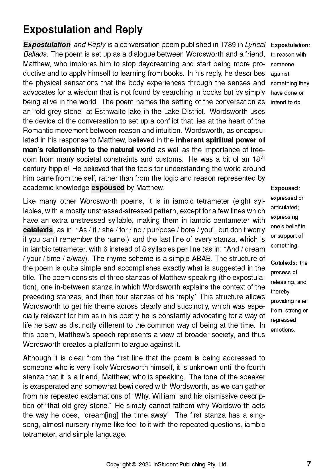 Text guide page featuring an article on 'Expostulation and Reply' with literary analysis and definitions in black text on a white background.