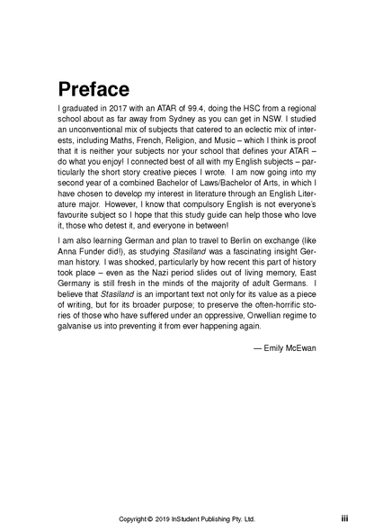Text guide about Stasiland by Anna Funder, with a white page displaying a 'Preface' title, black text, and a copyright notice.