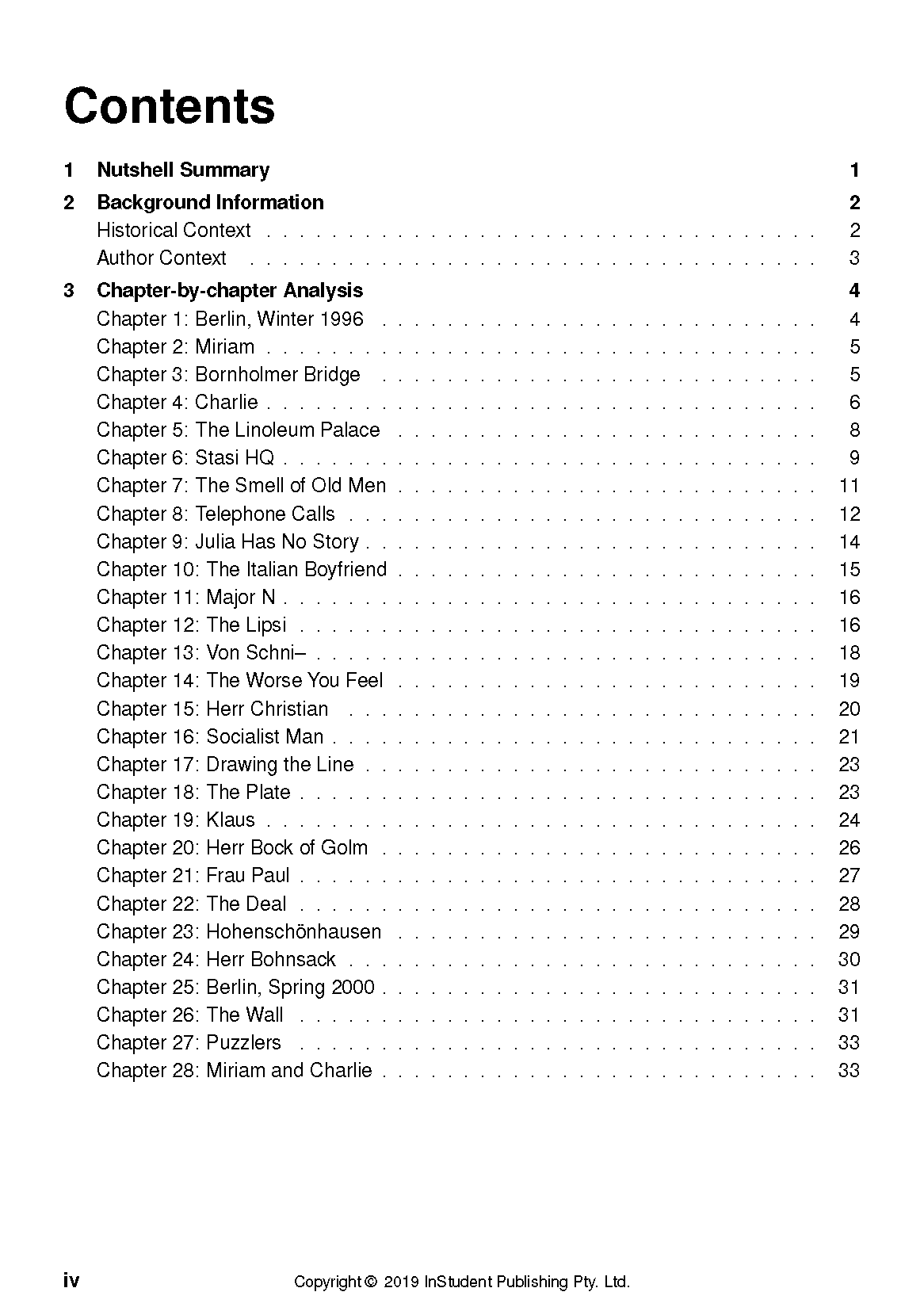 Text Guide for Stasiland by Anna Funder by InStudent Publishing, showing its table of contents on a white page.