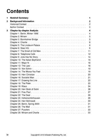 Text Guide for Stasiland by Anna Funder by InStudent Publishing, showing its table of contents on a white page.