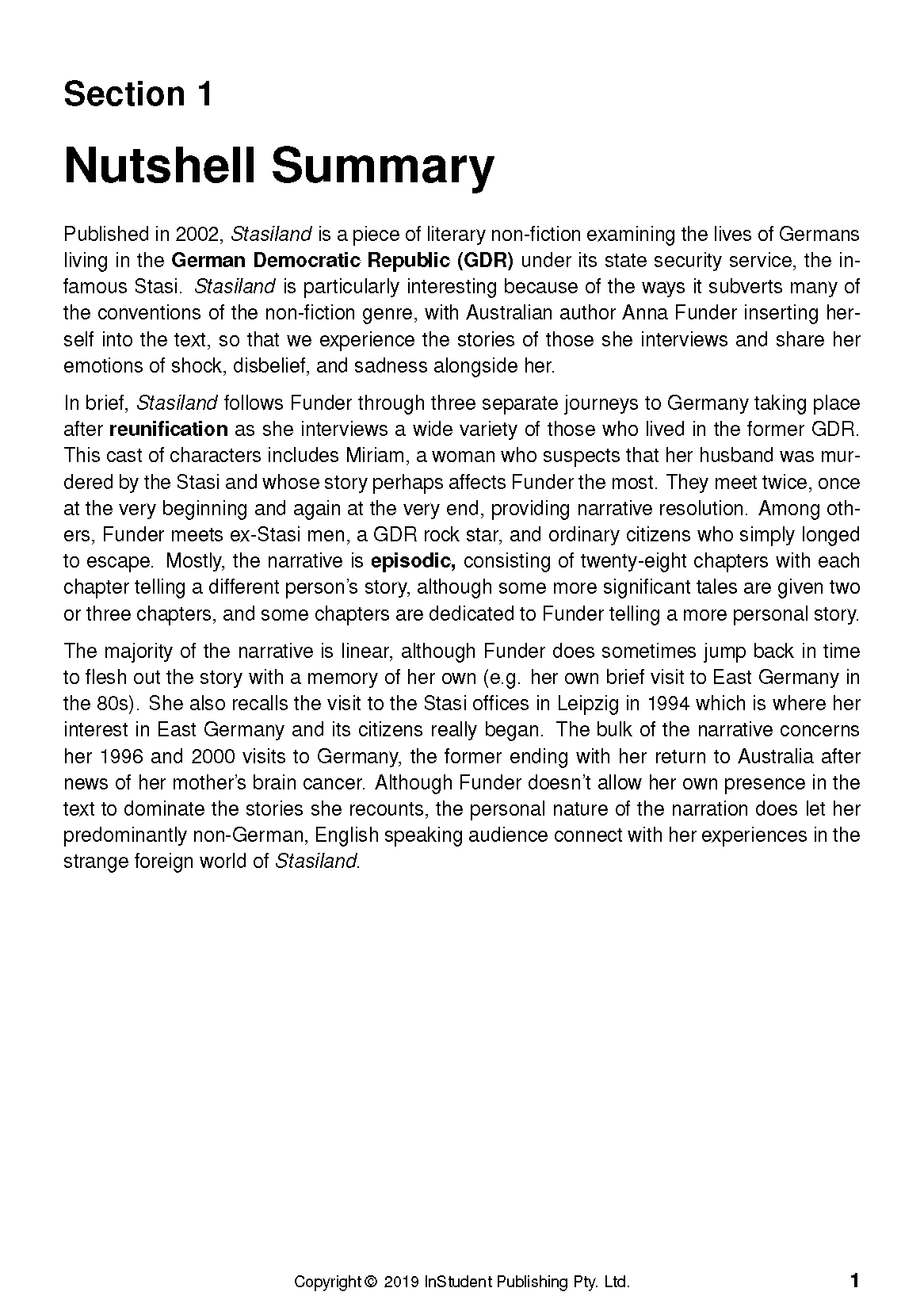 White Text Guide page from InStudent Publishing Pty. Ltd. displaying a Nutshell Summary of Stasiland by Anna Funder.