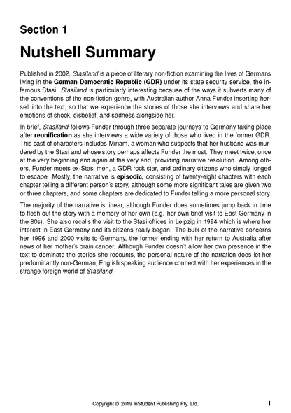 White Text Guide page from InStudent Publishing Pty. Ltd. displaying a Nutshell Summary of Stasiland by Anna Funder.