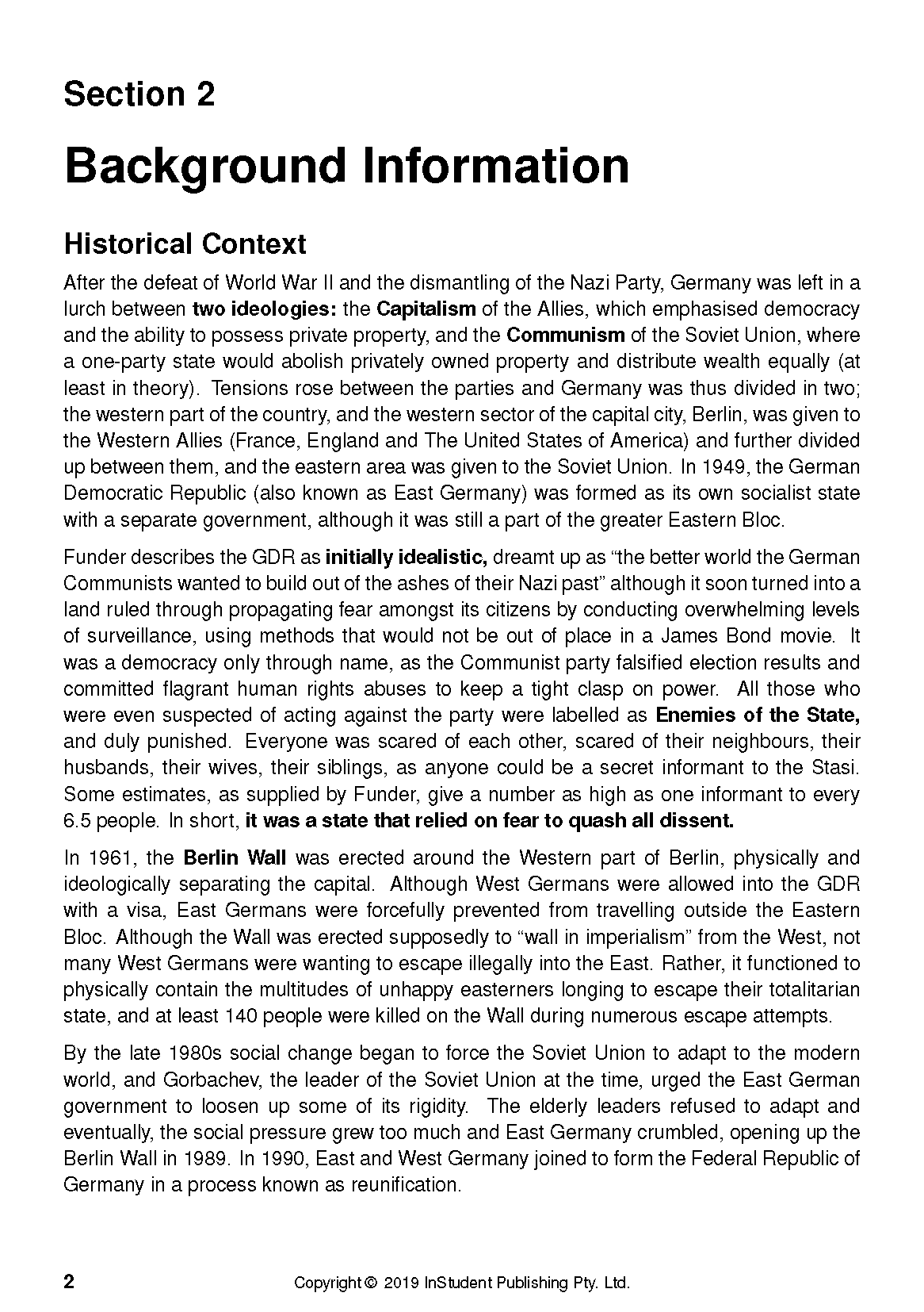 Text guide page for Stasiland, showing 'Section 2 Background Information' and 'Historical Context' in print.