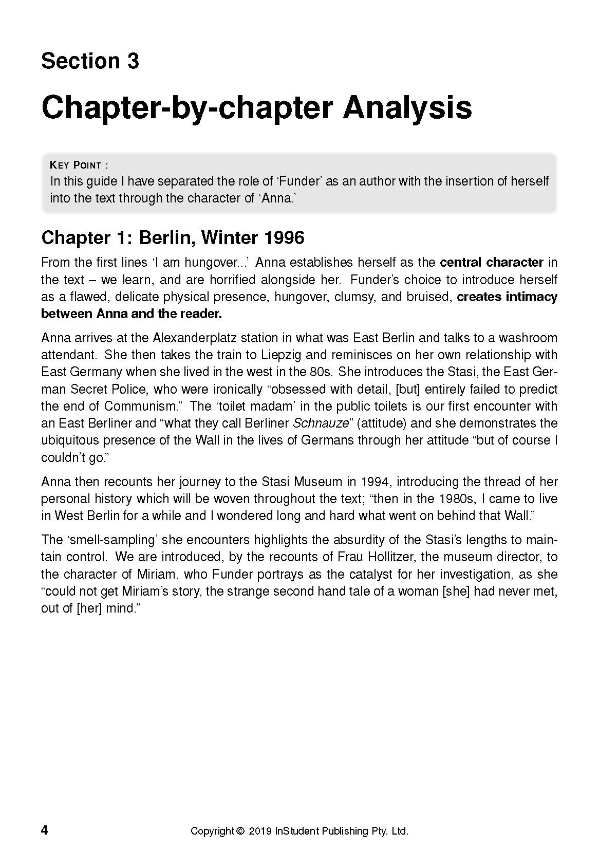 Text guide page from InStudent Publishing presenting a chapter-by-chapter analysis of Stasiland, with black text and a key point box.