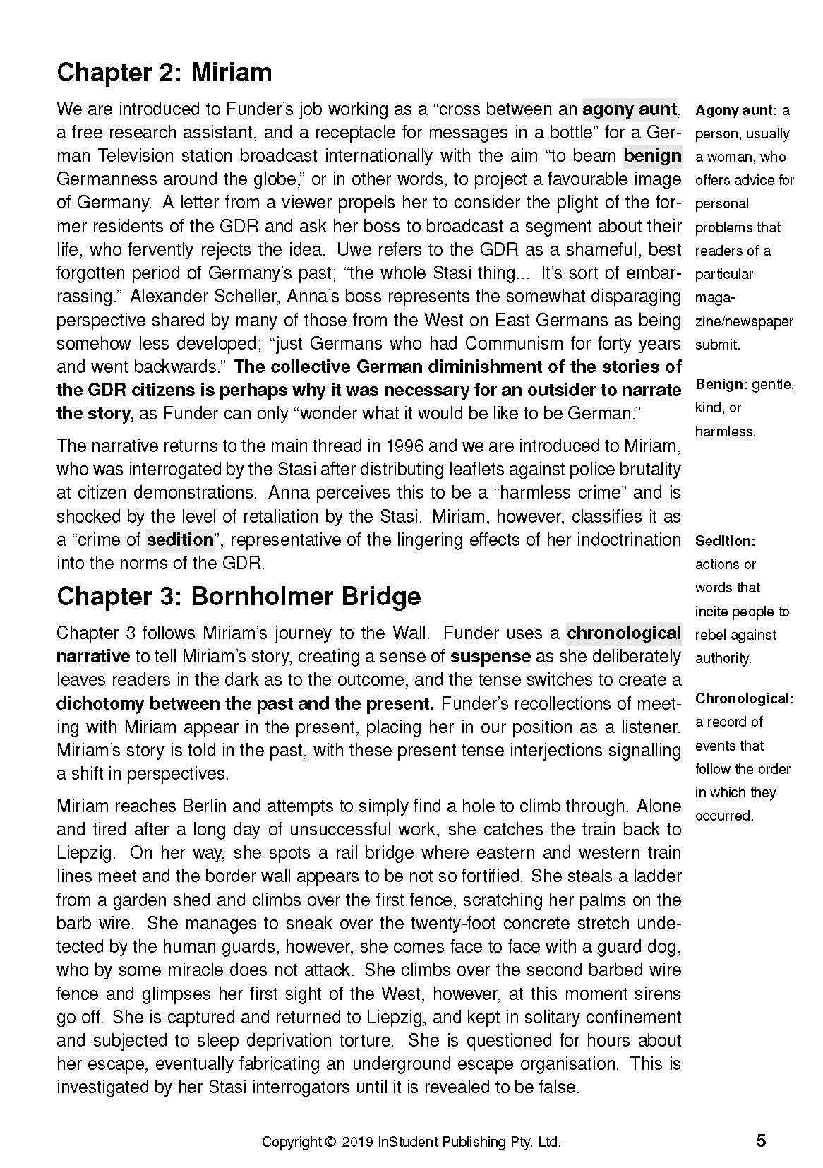 Text guide page with definitions in a sidebar and highlighted words including agony aunt, benign, sedition, and chronological.