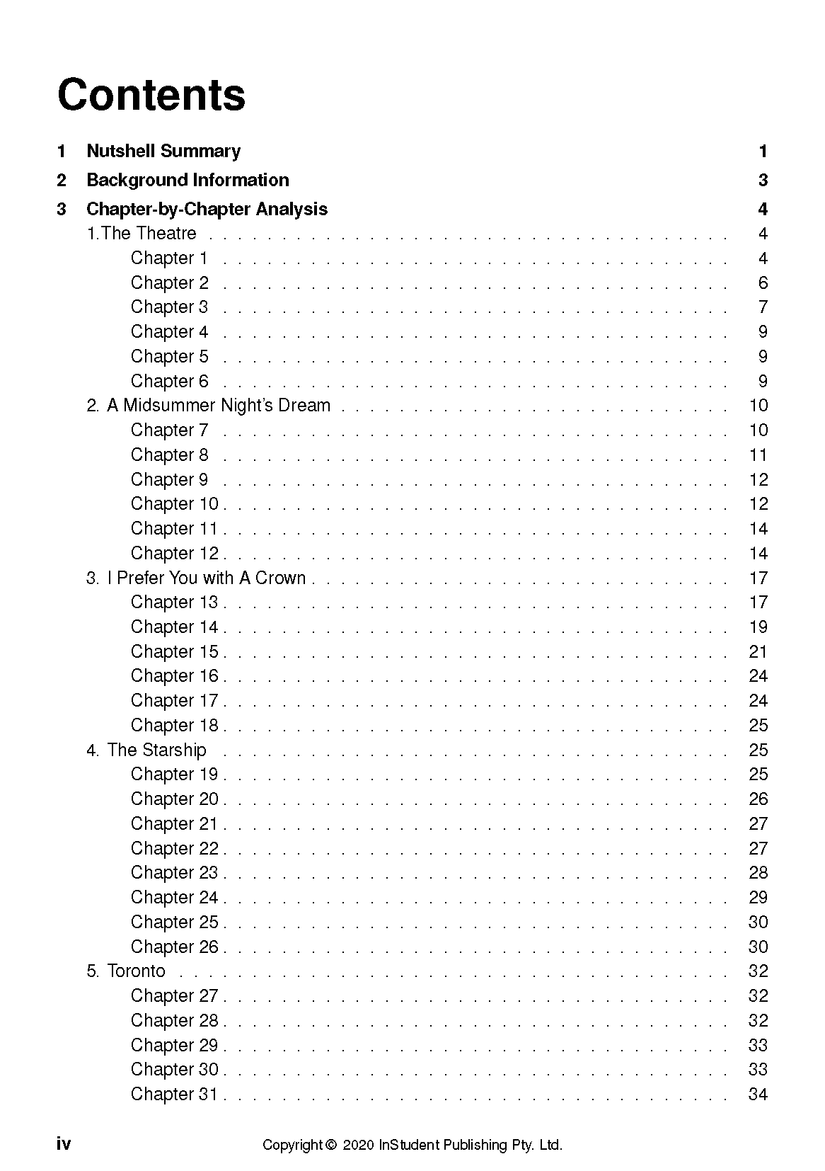 Text guide contents page in black text on a white background, listing numbered sections, chapters, and corresponding page numbers.