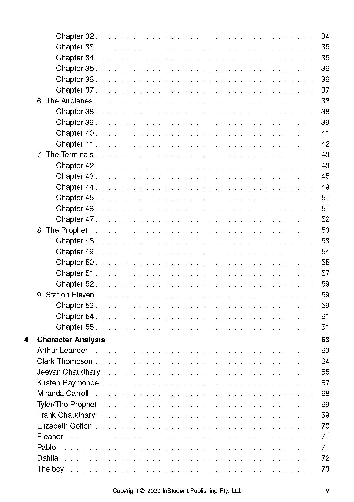 Text guide by InStudent Publishing Pty. Ltd. displaying a table of contents with chapter and character listings.