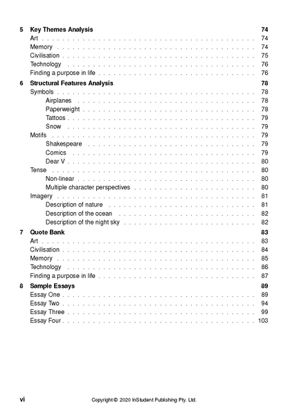 Text guide for Station Eleven by Emily St. John Mandel, showing a black and white table of contents listing sections like Key Themes and Sample Essays.
