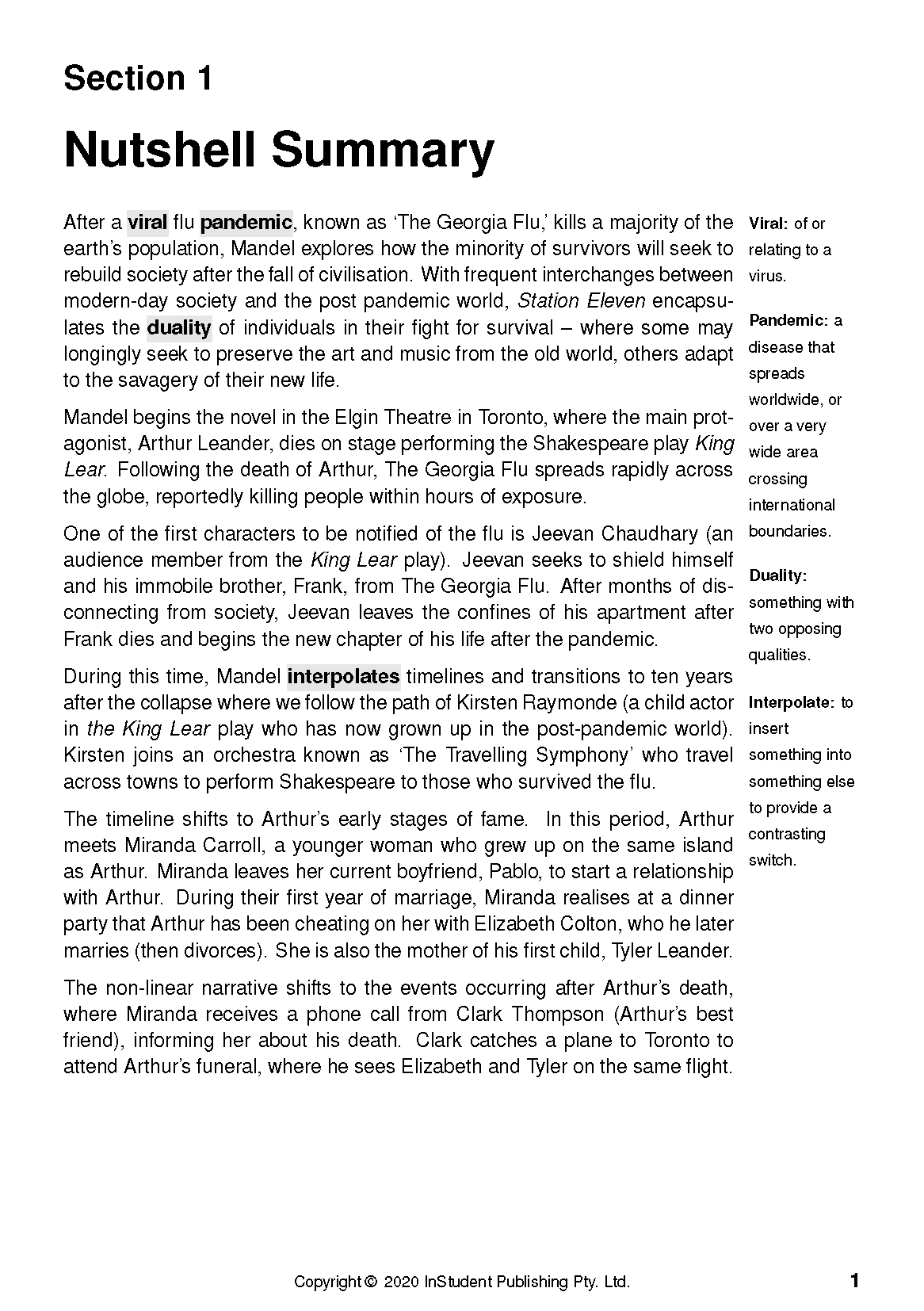 White text guide page with black text, displaying 'Section 1 Nutshell Summary', paragraphs, and a glossary sidebar.