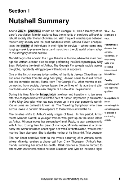 White text guide page with black text, displaying 'Section 1 Nutshell Summary', paragraphs, and a glossary sidebar.