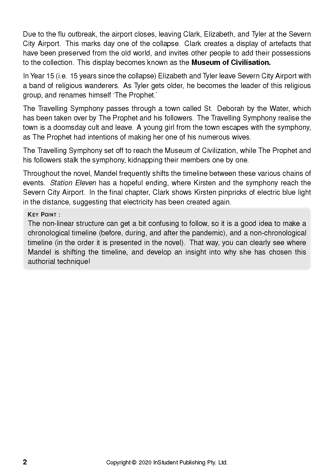 Text guide for Station Eleven by Emily St. John Mandel, showing black text on a white page with a grey 'KEY POINT' box.